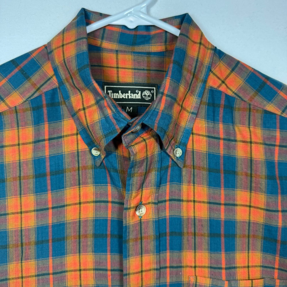 Timberland Mens Plaid Short Sleeve Button Up Shirt Orange Blue Sz Medium